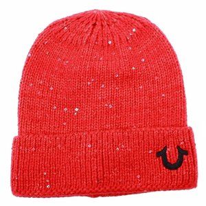 True Religion Women's Sequin Watchcap LOGO Cap Beanie Hat Red OSFM